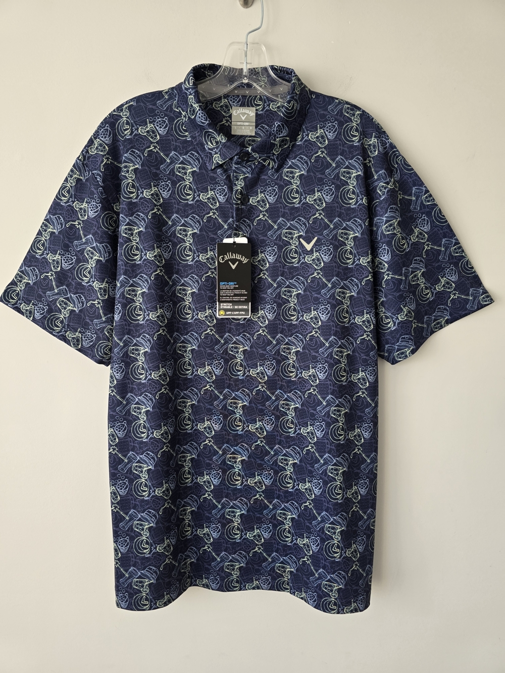 Callaway Opti Dri Golf Polo Shirt Mens L Navy All Over Print NWT